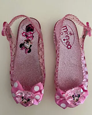 Disney Minnie Mouse Pink Jelly Shoes Size 11-12 Bow Hearts Adjustable MINT • $15.80