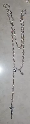 Vtg Clear Faceted Bead Silver Metal Rosary Religious Jewelry Extra Strong Italy • $3.99