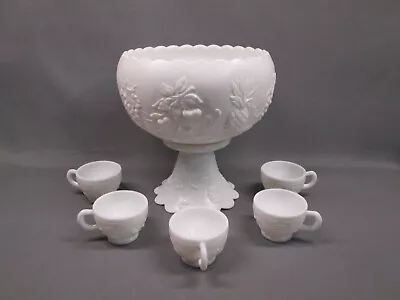 Westmoreland MILK GLASS Fruit Pattern PUNCH BOWL SET 5 Cups Pedestal Bowl • $139.99