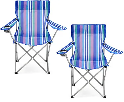 TWO Folding Portable Captain Chairs Camping Beach Garden Fishing Seats Blue • £22.95