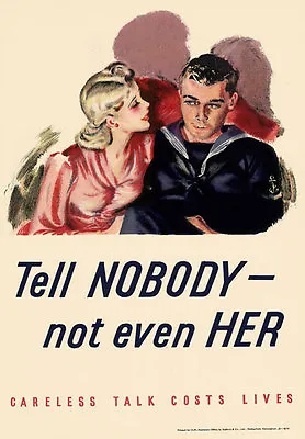 2W39 Vintage WWII Tell Nobody Not Even Her Wartime War Poster WW2 Re-Print A4 • £2.93