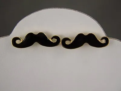Black Enamel Gold Tone Mustache Handlebar Moustache 1  Wide Stud Post Earrings • $11.01
