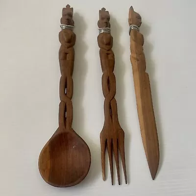 Hand Carved Wooden Salad Servers Fork  Spoon Knife • $45.20