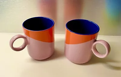 Habitat Ring Handle Mugs. X3. 2X Pink/Orange. 1X Yellow/Blue.  All With Blue Int • £39.99