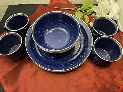 VTG Set Blue Enamelware Speckled Camping Kitchen 12pc Plates Bowls Cups • $15.99