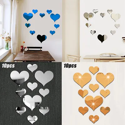 Wall Sticker Art Mirror Love Heart Shaped Stick-On Dining Bedroom Decors • £3.91