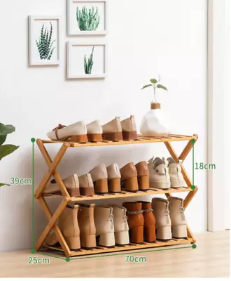 $39.45 • Buy 3 Tier Folding Shoe Rack Bamboo Wooden Flower Pot Shelf Plant Stand Cabinet