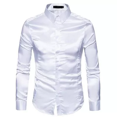 Mens Shirts Mens Tops Button Down Dress Shirt Long Sleeve Satin Luxury • £19.73