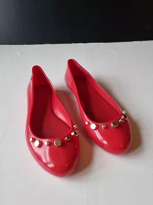 Melissa Flat Shoes In Red With Gold Stud Decals Across Toes Size EU 38 UK 5. • £19.99