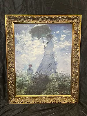 Xlarge Gold Ornate Frame Painting Of Lady With Umbrella And Boy Monet Artist • $149.99