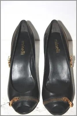 Minelli Leather Court Shoes Smooth Black Patterns Zips T 37 Top Condition • $50.14