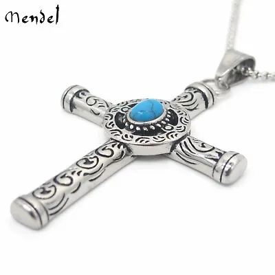 MENDEL Mens Celtic Norse Turquoise Cross Stainless Steel Necklace Gothic Pendant • $11.99