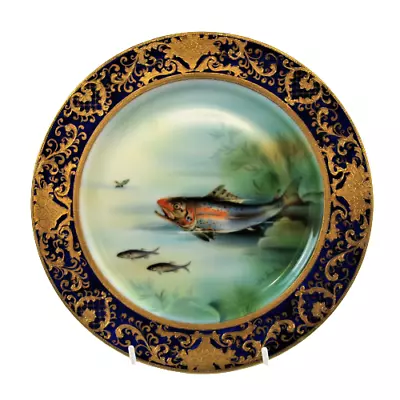 Meito China Cabinet Plate Japan Handpainted With Fish Heavily Gilded Border • £35