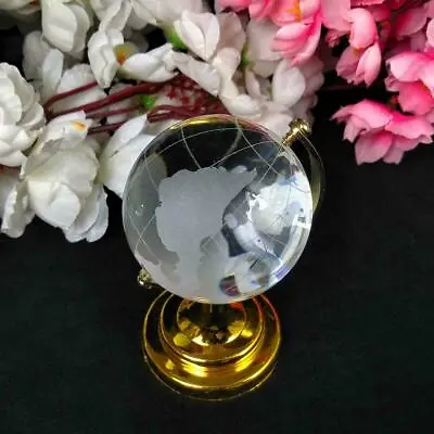 Mini Round Clear Crystal Glass Frosted World Globe Silver Stand Decor Gift • $14.24