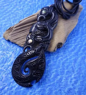 Large Maori Double Manaia Fish Hook Truthseeker Pendant Necklace Black Horn • $24.64