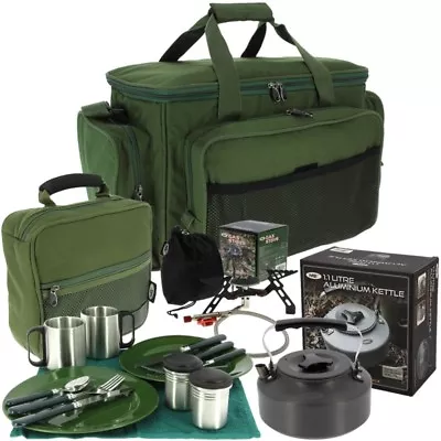 Fishing Camping Deluxe Cutlery Cooking Set Gas Stove & Kettle Carryall Ngt Carp • £79.95