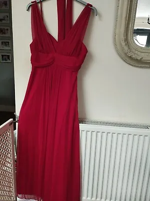 YVE Long Red Polyester Evening Dress With Neck Sash 12/14 Length 56 Inches • £9.99