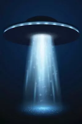 UFO Spaceship With Light Beam On Blue Background Laminated Poster 12x18 • $14.98