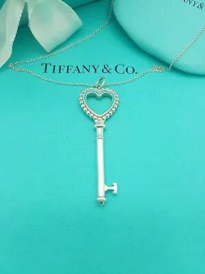 £347.99 • Buy Tiffany & Co. RARE Silver Blue Enamel Heart Beaded LARGE Key Pendant  Necklace