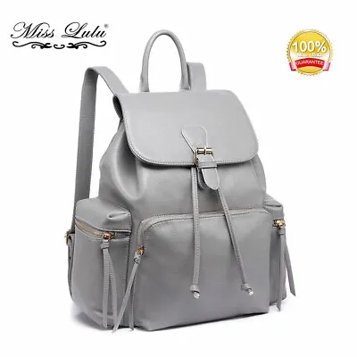 £12.99 • Buy Grey Faux Leather Ladies Girls Backpack Large Rucksack Shoulder School Bag 