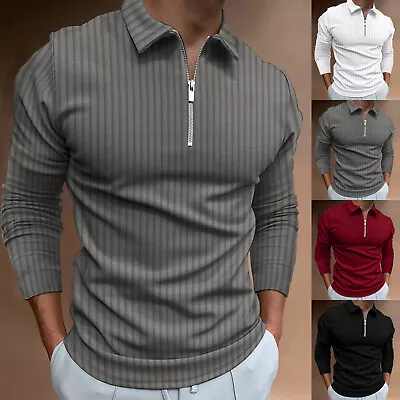 Mens Long Sleeve Striped Golf Polo Shirts Lightweight Performance Polo T-Shirts • $14.23