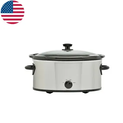 6 Qt Oval Slow Cooker Stainless Steel Finish Glass Lid Crock Easy Clean Silver • $25.83