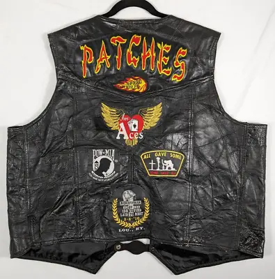 Vtg Motorcycle Biker Club Leather Vest Patches Stitch POW-MIA Military Navy 3XL • $69