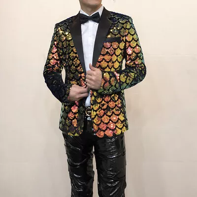 Spring Men Sequin Suit Jacket One Button Tuxedo Dance Club Show Stage Party Coat • $104.38