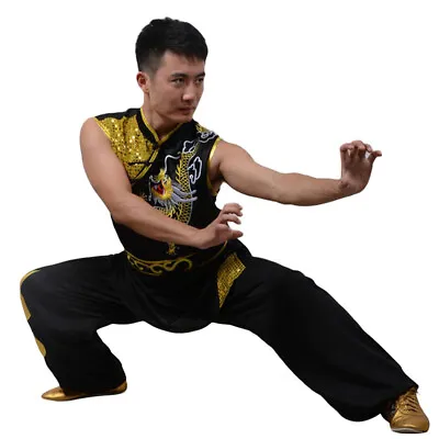 Sleeveless Tai Chi Kung Fu Uniform Martial Arts Suit Clothes Dragon Embroidery • £41.99