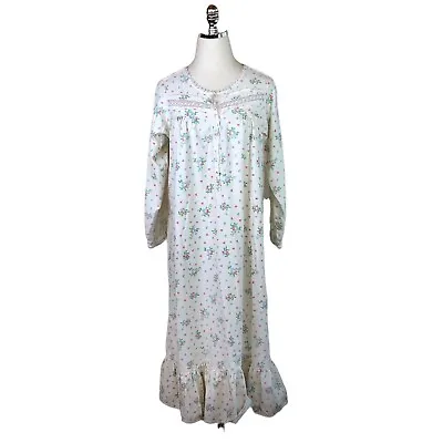 Vintage Prairie Nightgown Womens Large White Pink Blue Floral Long Lace Trim • $21.33