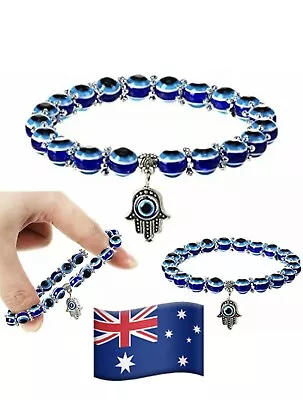 Hamsa Charm Blue Evil Eye Bead Protection Good Luck Bracelet Handmade Jewelry. • $4.69