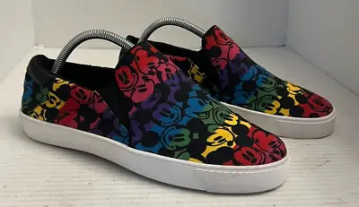 Disney Mickey Mouse Women 8 W Rainbow Black Canvas Slip On Shoe Sneaker Park • $19.49