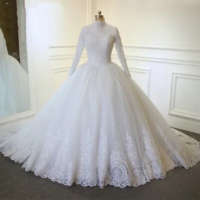 Muslim Long Sleeves High Neck Wedding Dresses Ball Gown Applique Sweep Train • $167.99