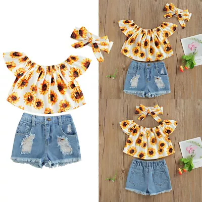 Toddler Kids Baby Girl Summer Clothes Sunflower Tops+Ripped Denim Shorts Outfits • $27.49