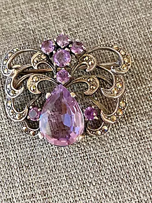 Vintage Sterling Silver Marcasite & Amethyst Beautiful Teardrop Spray Brooch Pin • $40