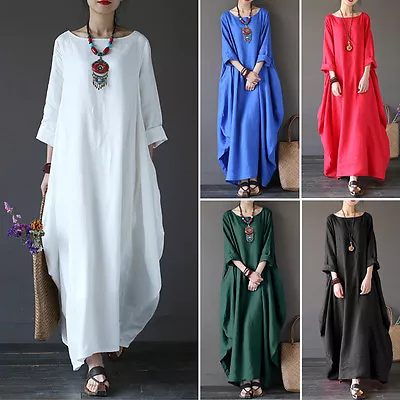 ZANZEA Womens Cotton Linen Kaftan Caftan Short Sleeve Sundress Long Maxi Dress • $26.08