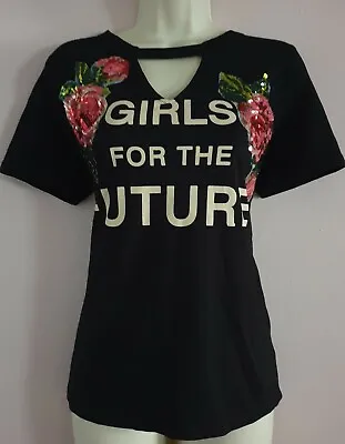 Choker Neck Glitter Sequin Roses T-shirt Grunge Festival Graphic Tee Top M/L  • £15