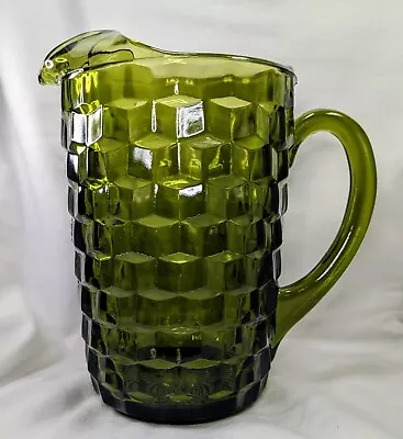 Vintage Green Pitcher Fostoria Glass American Cubist Pattern 9  Tall • $20