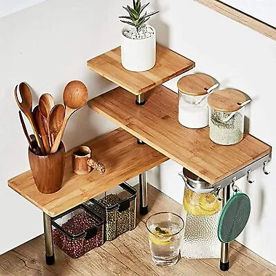 3 Tier Bamboo Corner Shelf Kitchen Dish Spice Jar Organizer Storage Rack W/hooks • $38.32