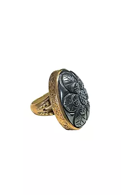 Vtg Stephen Dweck Hematite Ring Oval Carved Flower Statement Size 6.75 Bronze • $199