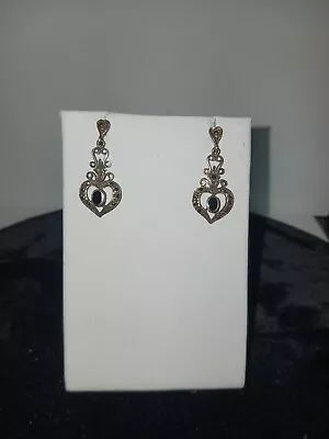 Vintage 925 Sterling Silver Marcasite Pearl Heart Scroll Ladies Dangle Earrings • $30.99