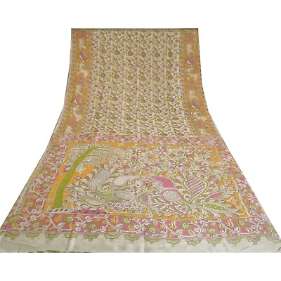 Sanskriti Vintage Ivory Indian Sarees Cotton Silk Kalamkari Peacock Sari Fabric • $82.13