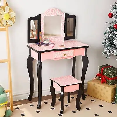 Kids Toddle Vanity Table Makeup Set For W/ Drawers Dressing Desk W/ Mirror Stool • $57.99