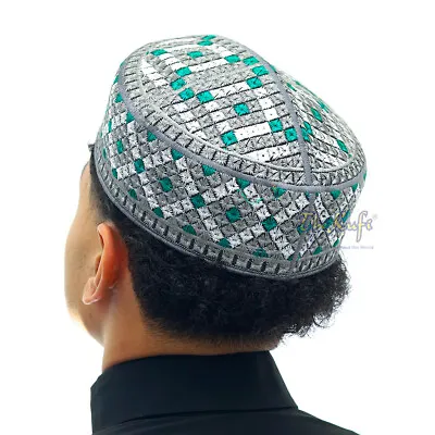 Pakistani Grey White Dark Green Embroidered Islamic Kufi Hat Diamond Desing • $18.29