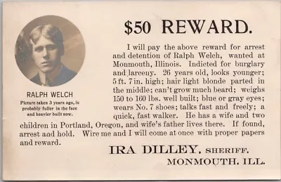 1910s MONMOUTH Illinois RPPC Photo Postcard $50 REWARD For Arrest Of Ralph Welch • $18.88