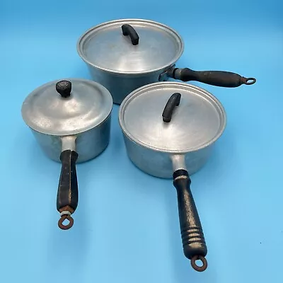 SET 3 Vintage Household Institute Cast Aluminum Sauce Pots Lid Pan Wood Handle • $32.97