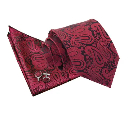 Mens Tie Hanky Cufflinks Set Woven Floral Paisley Burgundy Classic Skinny By DQT • £7.99