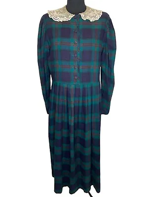 £30 • Buy Vintage Laura Ashley Tartan Lace Collar Long Sleeve Maxi Dress Cottagecore 16