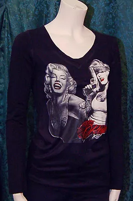 GET EE SHIP Two Funny Marilyn Monroe Long Sleeve T-Shirt Stretch Gun & Roses S • $10.99