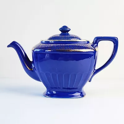 Vintage Hall China Teapot Hollywood Style Cobalt Blue Gold Standard 6 Cup Decor • $30